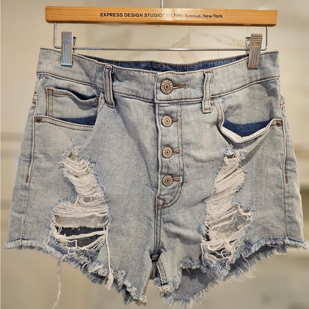 Express Women's Light Blue Distressed Denim Shorts